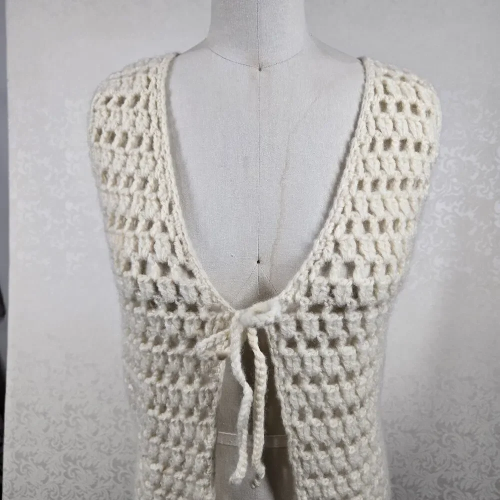 Vintage Bellariva Crochet Vest M Cream 100% Wool Italy Boho Cottagecore Festival